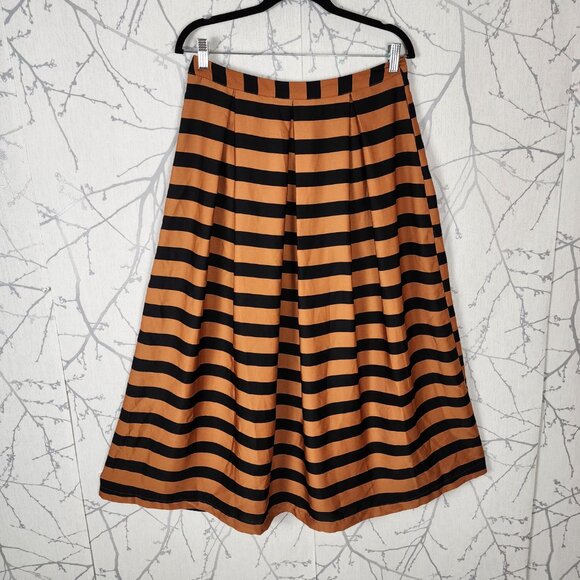 Who What Wear Orange Black Stripe Button Up Pleated Midi Skirt - Picture 2 of 3